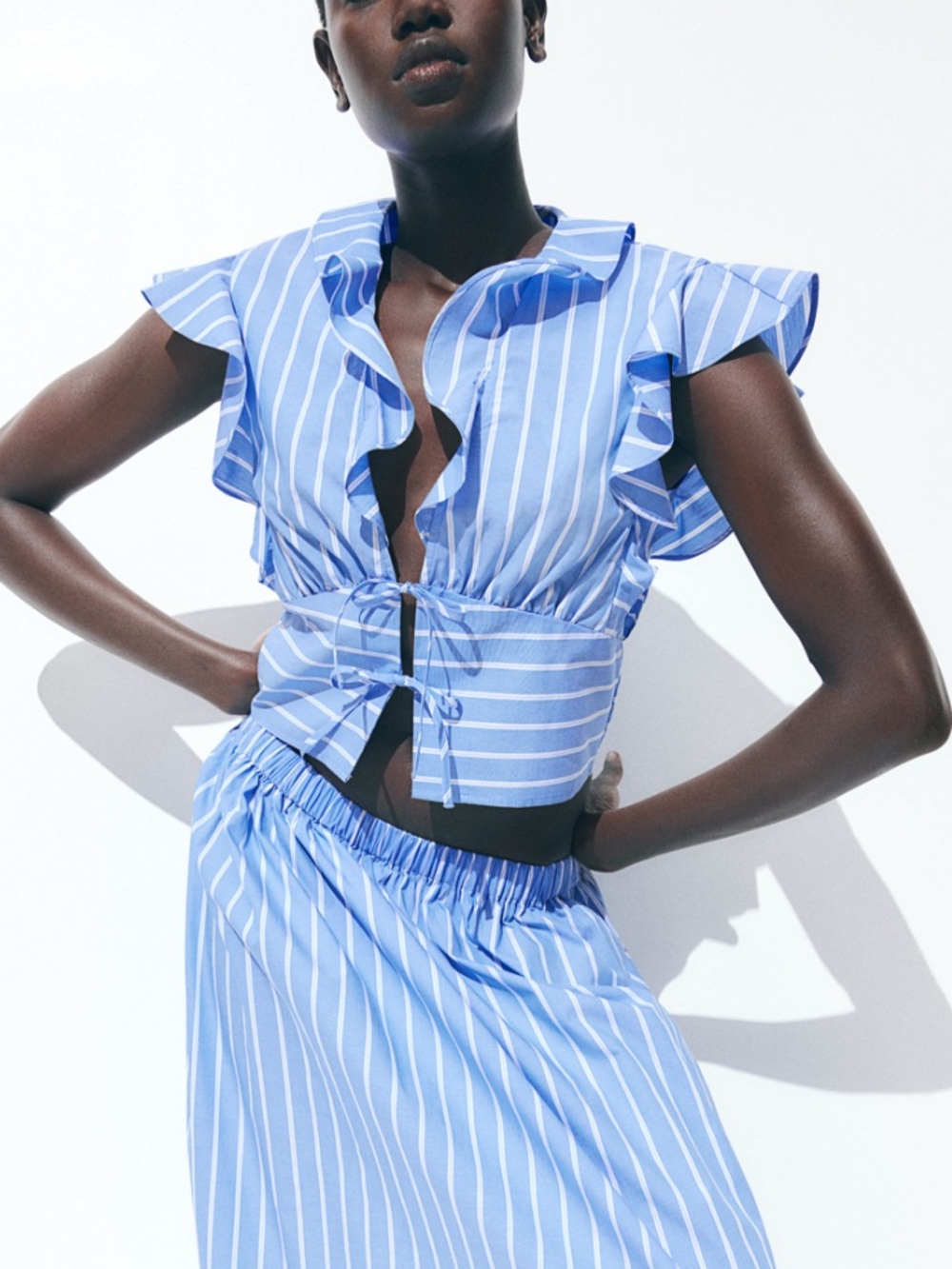 H&M WOMENS TIE FRONT POPLIN BLOUSE BLUE WHITE STRIPE XL NEW WITH TAGS